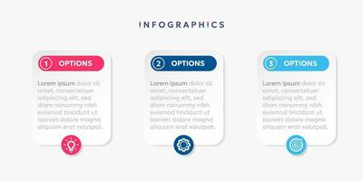 moderno negocio infografía plantilla, cuadrado forma con 3 opciones o pasos iconos vector