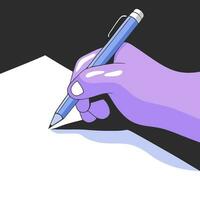 Hand writes something with a pen on paper, flat vector illustration.