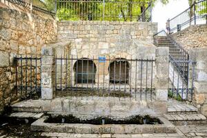an old stone well with a gate and stairs photo