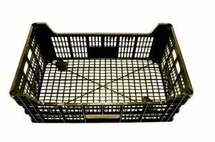 a black plastic crate on a white background photo