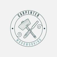 mallet and chisel line art logo vector with emblem illustration template design for carpentry