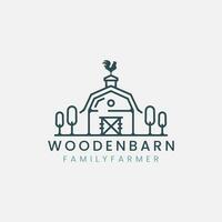 wooden barn logo line art vector illustration template design, with tree and rooster icon