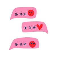 Pink square speech bubble icons, isolated on white background. Romantic chat icon set. Vector Valentines day card in minimal style. Love hand drawn element isolated on white. Romantic conversation.