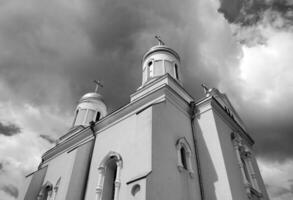 Black and white church buildding and sky photo