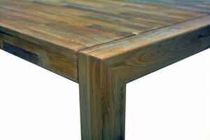 Wooden dinner table surface. Natural wood furniture close view photo