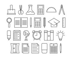 Minimalist stationery icon set. Thin line school or office tool symbol bundle. Book, ruler, pencil, pen, alarm clock, magnifying glass, lamp, calendar, sharpener, flask, paper clip, globe, icon. vector