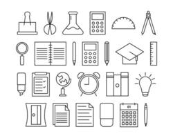 Minimalist stationery icon set. Thin line school or office tool symbol bundle. Book, ruler, pencil, pen, alarm clock, magnifying glass, lamp, calendar, sharpener, flask, paper clip, globe, icon. vector