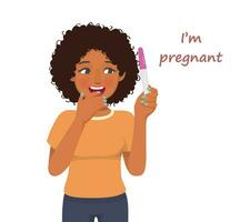 Young African woman excited holding positive pregnancy test result with two red stripes vector