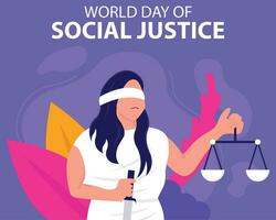 illustration vector graphic of a woman carrying a sword and balance with her eyes covered with cloth, perfect for international day, world social justice, celebrate, greeting card, etc.