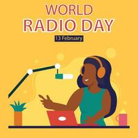 illustration vector graphic of a woman is doing a live radio broadcast in a studio, showing studio equipment, perfect for international day, world radio day, celebrate, greeting card, etc.