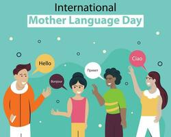 illustration vector graphic of four people greet each other in different languages, perfect for international day, mother language day, celebrate, greeting card, etc.