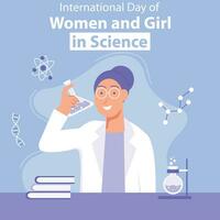 illustration vector graphic of a woman holding and looking at an Erlenmeyer glass, perfect for international day, women and girl in science, celebrate, greeting card, etc.