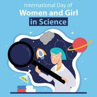 illustration vector graphic of a young woman is doing research, showing celestial bodies, perfect for international day, women and girl in science, celebrate, greeting card, etc.