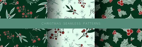 Seamless pattern set with hand drawn christmas leaves and branches. Perfect for xmas or new year wallpaper, wrapping paper, web sites, background, social media, blog, presentation and greeting cards. vector