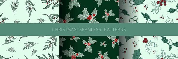 Seamless pattern set with hand drawn christmas leaves and branches. Perfect for xmas or new year wallpaper, wrapping paper, web sites, background, social media, blog, presentation and greeting cards. vector