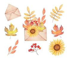 acuarela composición de un sobre con hojas. colección de otoño elementos sobre, arce hojas, girasol, serbal. clipart para saludo tarjeta, invitación, boda. hecho a mano aislado Arte vector