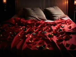 ai generado ai generación. romántico san valentin día antecedentes con cama con rojo ropa de cama, Rosa pétalos foto