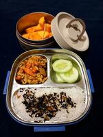 variations of healthy food supplies for school children photo