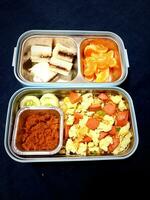 variations of healthy food supplies for school children photo