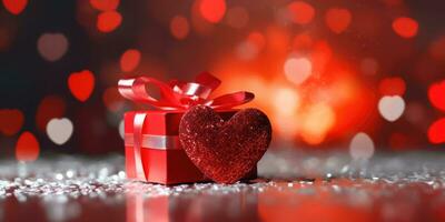 AI generated Love Celebration - Festive Background with Red Hearts and Gift Box photo