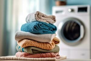 ai generado ropa cuidado felicidad - limpiar y sucio ropa por el Lavado máquina foto