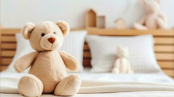 AI generated Cozy Comfort - Plush Bear Toy Adorns Children's Room Bed - Generative AI photo