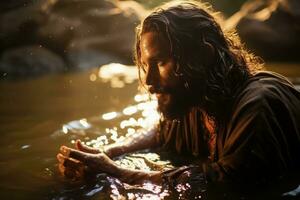 AI generated Divine Baptism - Jesus Christ Immersed in the Holy Jordan River - Generative AI photo