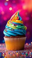 AI generated Delicious Rainbow Glitter Sparkle Creamy Cupcake photo