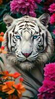 ai generado hermosa blanco Tigre con azul ojos y primavera flores foto