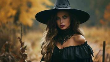 AI generated Pretty young lady in witch costume celebrating Halloween festival photo