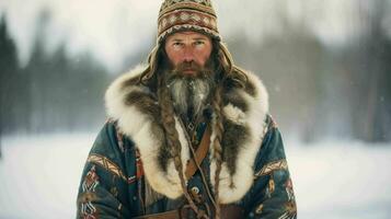 ai generado un finlandés hombre en tradicional sami ropa foto