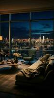 AI generated a living room with a view of the city at night photo