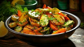AI generated Garlic Herb Roasted Potatoes Carrots and Zucchini Salad photo
