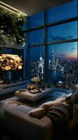 AI generated a living room with a view of the city at night photo