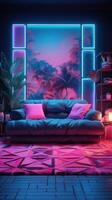 AI generated Beautiful Modern living room with sofa, indoor plants and neon lights photo