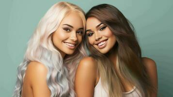 AI generated Beautiful confident and smiling women with different ethnicities and stylish hairs and minimal background photo