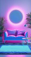 AI generated Beautiful Modern living room with sofa, indoor plants and neon lights photo