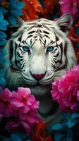 AI generated Beautiful White Tiger with Blue eyes and spring flowers photo
