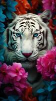 AI generated Beautiful White Tiger with Blue eyes and spring flowers photo