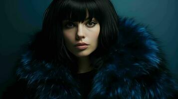 AI generated Beautiful Woman with bangs hairstyle and wearing fashion fur coat photo