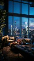 AI generated a living room with a view of the city at night photo