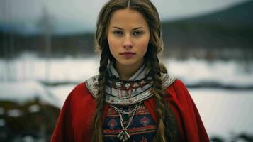 ai generado un finlandés dama en tradicional sami ropa foto