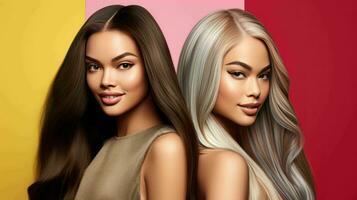 AI generated Beautiful confident and smiling women with different ethnicities and stylish hairs and minimal background photo