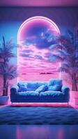 AI generated Beautiful Modern living room with sofa, indoor plants and neon lights photo