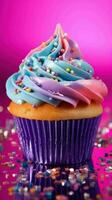 AI generated Delicious Rainbow Glitter Sparkle Pastel Cupcake photo