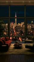 AI generated a living room with a view of the city at night photo