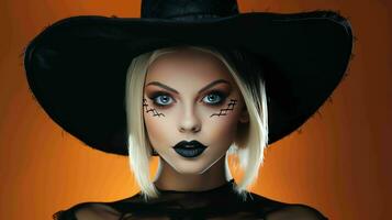 AI generated Woman with halloween inspired scary makeup and costume looking like a spooky witch photo