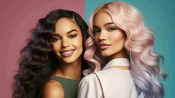 AI generated Beautiful confident and smiling women with different ethnicities and stylish hairs and minimal background photo