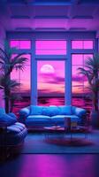 AI generated Beautiful Modern living room with sofa, indoor plants and neon lights photo