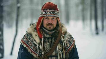 ai generado un finlandés hombre en tradicional sami ropa foto